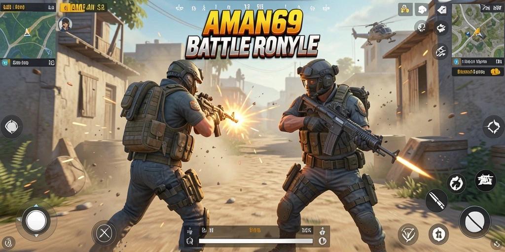 Tangkapan layar utama AMAN69 menampilkan aksi Battle Royale yang intens.