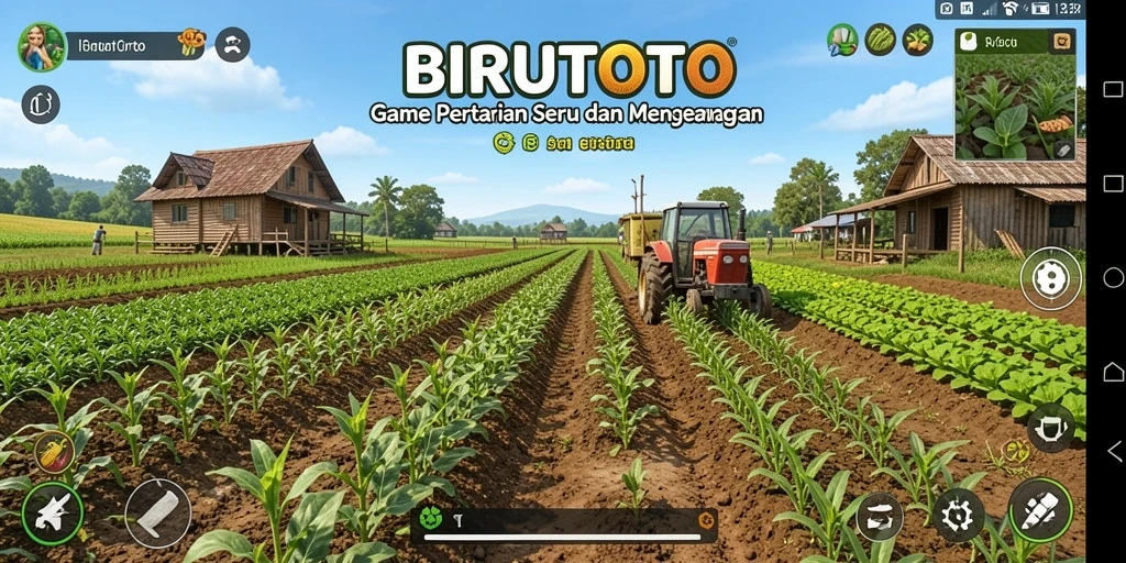 Screenshot gameplay BIRUTOTO menampilkan kegiatan bertani yang menarik dan interaksi sosial.
