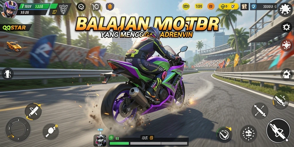 Gameplay menegangkan dalam QQSTAR dengan aksi balap motor yang cepat.