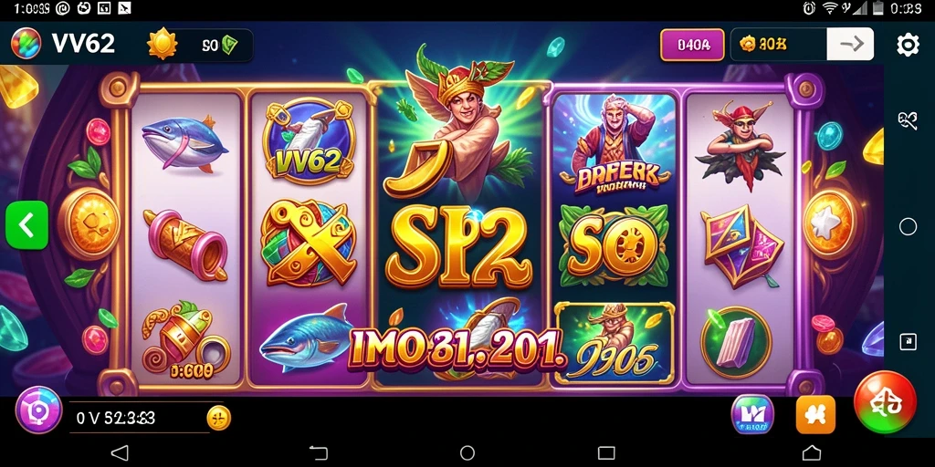 Screenshot gameplay VV62 menampilkan gulungan slot dan fitur bonus.