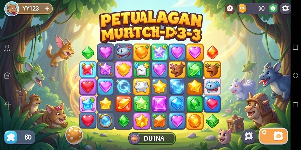 Screenshot YY123 menunjukkan gameplay seru dan penuh warna dalam Match-3.